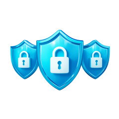 Three blue shields with white padlocks symbolizing security and protection isolated on transparent background