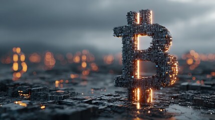 Bitcoin symbol digital currency futuristic city glowing lights