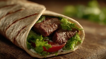 Delicious beef wrap featuring fresh lettuce and tomato in a gourmet tortilla for a healthy meal or snack option in vibrant cuisine