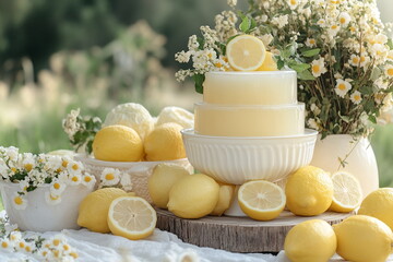 Fresh homemade lemon desserts displayed with lemons and wildflowers in a sunny outdoor setting