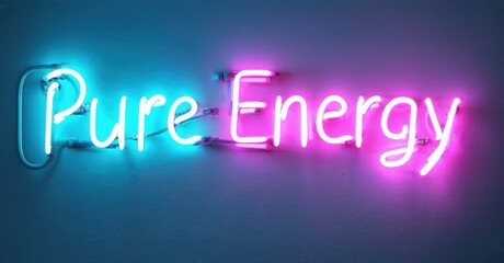 Obraz premium Bright neon sign displays Pure Energy. Vivid blue, pink hues illuminate dark background. Modern aesthetic, captivating visual impact.