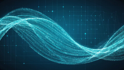 Abstract Teal Digital Wave Flowing on Grid Background