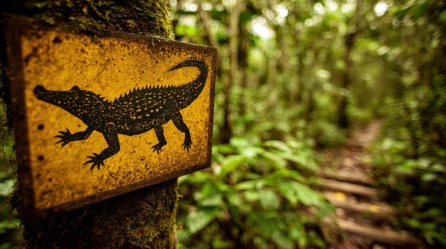 Alligator Warning Sign on Tree in Forest