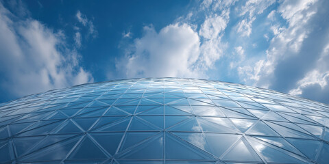 Contemporary architectural glass dome with geometric panels reflecting blue sky
