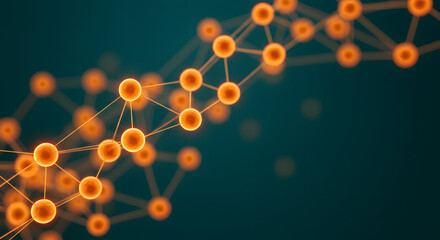 Abstract molecular structure visualization with interconnected orange spheres and lines on teal backdrop representing