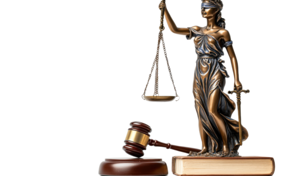 Brown justice statue with scale on white background,png