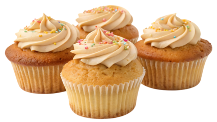 Four decorated vanilla cupcakes with swirled frosting and colorful sprinkles on paper liners displayed, isolated on a transparent background