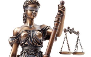 Brown justice statue with scale on white background,png