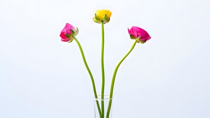 Elegant Ranunculus Trio: Pink, Yellow Blooms in Minimalist Glass Vase, Bright Studio Shot