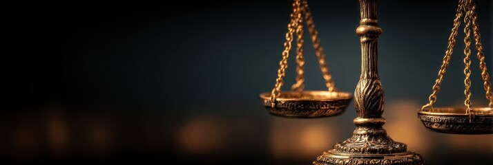 Scales of justice represent fair legal system in courtroom setting during evening hours with blurred background