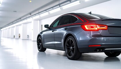 Grey Sedan in Modern Parking Garage.