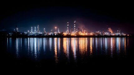 Obraz premium Captivating night view of an oil refinery glowing with vibrant lights