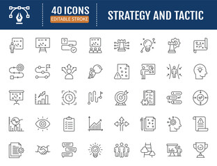 Strategy and tactic line editable icon set.
Containing plan, goal, rule, trick and more.
Vector Illustration with Editable strokes