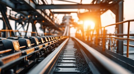 Fototapeta premium Conveyor Belt and Railroad Tracks Leading into Bright Sunlight