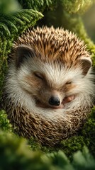 Fototapeta premium Hedgehog curls up on soft green moss in a peaceful woodland setting during golden hour
