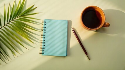 Serene morning coffee notebook and pencil bathed in gentle sunlight