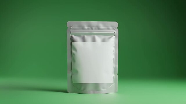 Blank Transparent Doypack Pouch with White Label for Product Packaging Mockup on Green Background