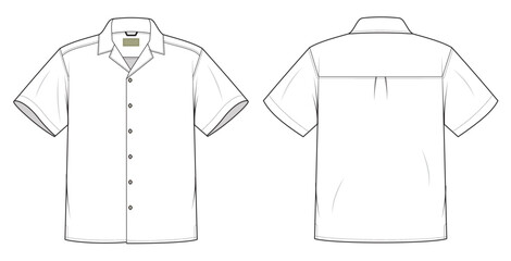 men's American Hawaiian resort shirt mockup. cad flat sketch front and back view cuban collar aloha shirt fashion template. © fashion-studio