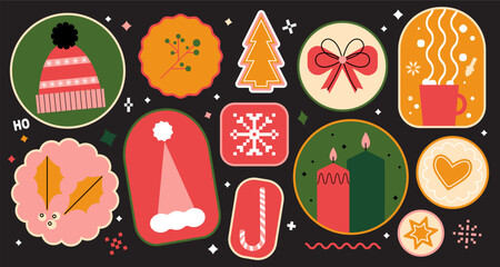 Merry round stickers. Minimalist cozy winter vector design elements for Christmas market, packaging. Cup of hot drink, ginger cookies, holly leaves, Christmas cake, snowflake, candy cane and candles