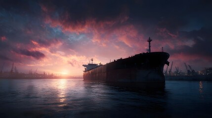 Obraz premium Massive crude oil tanker at industrial port during sunset