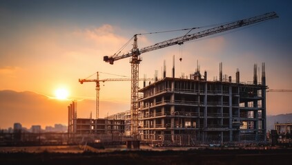 A construction site at sunset, featuring cranes and a partially built structure against a colorful sky.