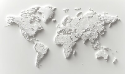 A three-dimensional white relief map of the world, showcasing continents and oceans in a minimalist design.