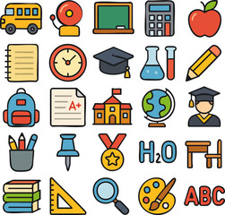 Colorful School and Education Icons Set.