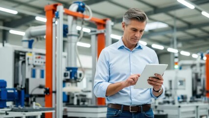 A focused middleaged man in a blue shirt uses a tablet computer while standing in a modern factory with advanced machinery - Powered by Adobe