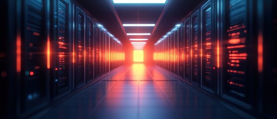 A futuristic server room illuminated by vibrant lights, showcasing rows of dark server racks leading to a bright exit.