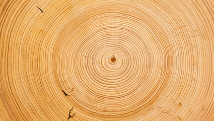 Fototapeta premium Detailed close-up of tree trunk cross section with visible growth rings and natural cracks, showing age rings pattern and warm wooden texture