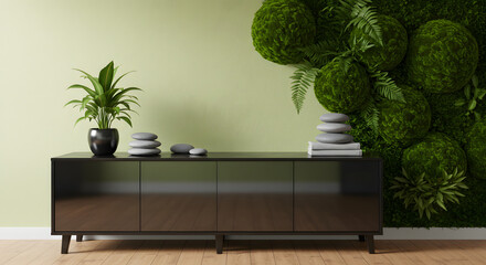 Interior design with a touch of serenity and nature evoking a calming atmosphere and sophisticated interior elements