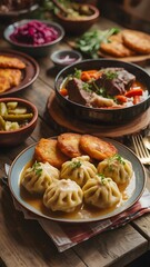 This photograph captures a rustic, inviting spread of traditional Eastern European cuisine on a wooden table.