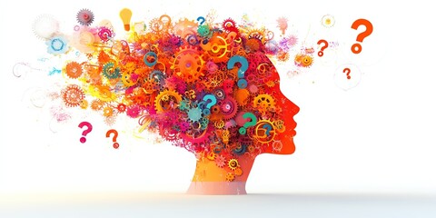 Ultradetailed illustration of a human head silhouette filled with colorful gears