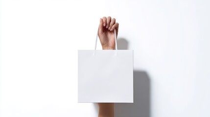 A hand holds a blank white paper shopping bag against a white background.