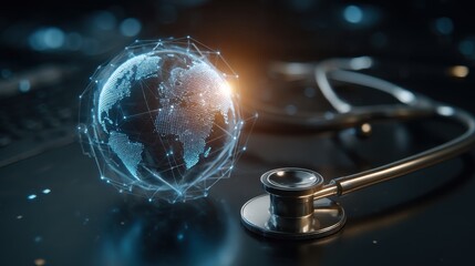 Digital Globe with Network and Stethoscope on Dark Surface
