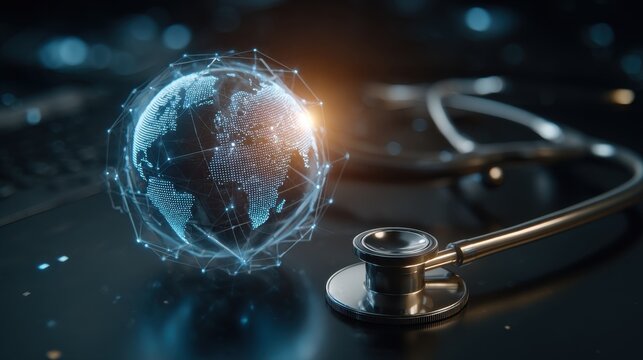 Digital Globe with Network and Stethoscope on Dark Surface - Powered by Adobe