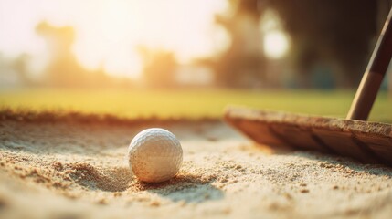 Golf Ball in Sand Trap with Rake on Golf Course