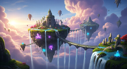 Fantasy floating islands landscape wallpaper background digital art illustration hd design