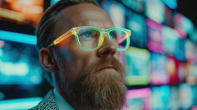 Man with neon glasses gazing at vibrant screen wall - Powered by Adobe