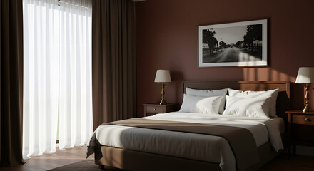Serene hotel room ambiance featuring classic design elements and warm lighting, showcasing comfort and inviting