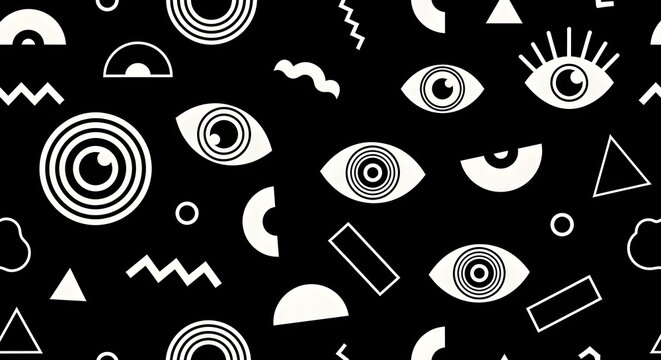 Black and white abstract geometric shapes and eyes pattern background circle