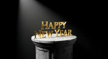 Golden "HAPPY NEW YEAR" text on a classic marble pedestal, dramatically lit by a spotlight against a dark, mysterious background, symbolizing new beginnings.
