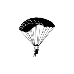 Exciting black and white silhouette of a parachutist descending. Dynamic illustration capturing adventure, freedom, and extreme sports. Perfect for logos, apparel, and motivational designs.

