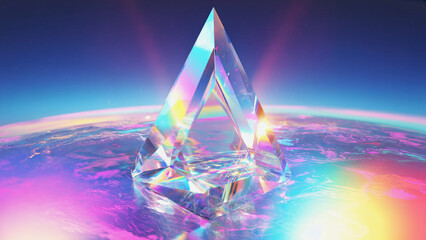 Iridescent Crystal Prism Reflecting Light on Holographic Surface