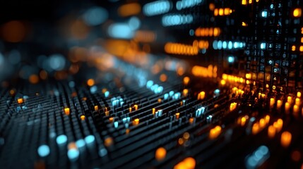 Abstract Digital Data Stream glowing orange blue cubes technology background
