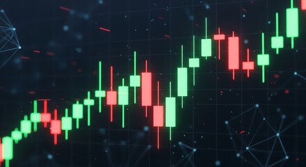 Financial market candlestick chart showing price fluctuations with green and red bars on a dark digital background, representing stock or cryptocurrency trading data.
