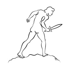 Continuous one line drawing Muscular man with a sword in his hand. Silhouette of a warrior. One continuous line isolated minimal illustration.Not AI.