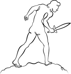 Continuous one line drawing Muscular man with a sword in his hand. Silhouette of a warrior. One continuous line isolated minimal illustration.Not AI.