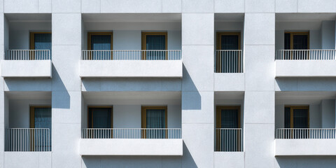 Fototapeta premium Grid Pattern of White Building Facade with Recessed Balconies