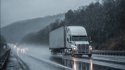 White semi-truck driving highway heavy rain storm